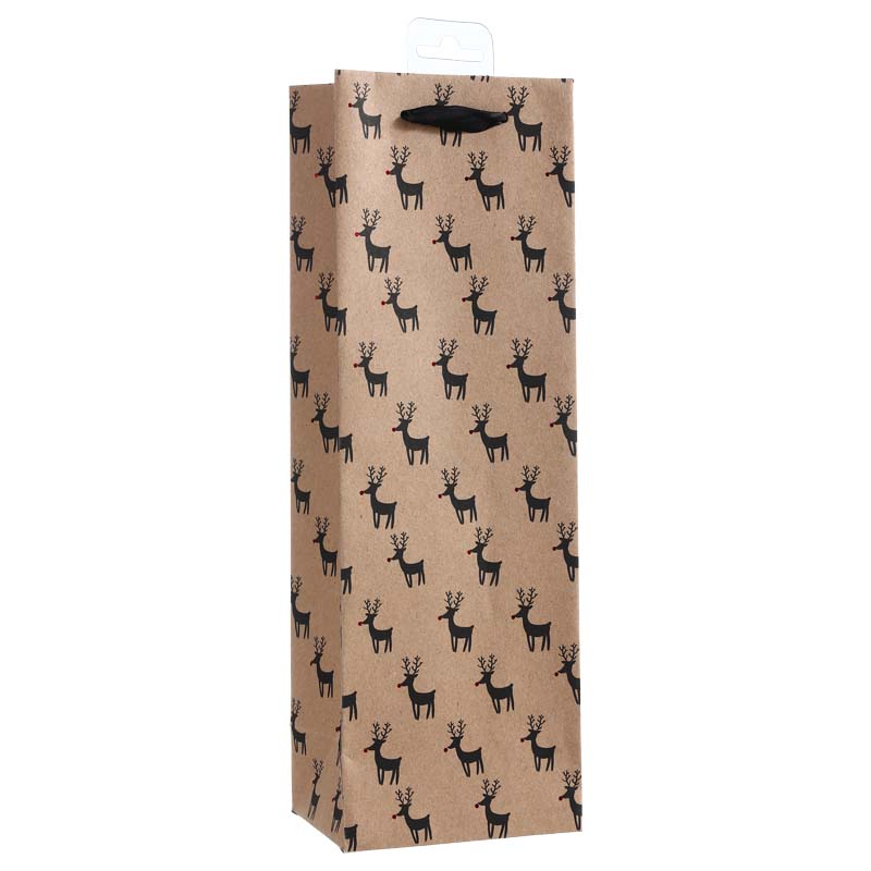Kraft Christmas Black Reindeer with Red Hot-stamping Nose Paper Wine Bag