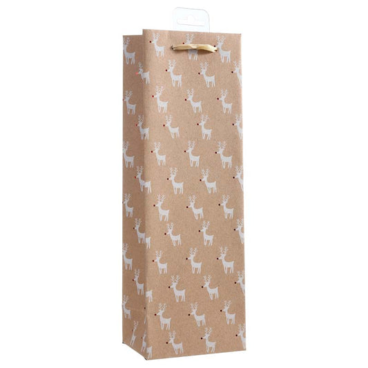 Kraft Christmas White Reindeer with Red Hot-stamping Nose Paper Bottle Bag