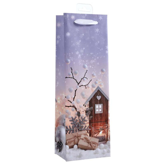Snowy Christmas House Paper Wine Gift Bag