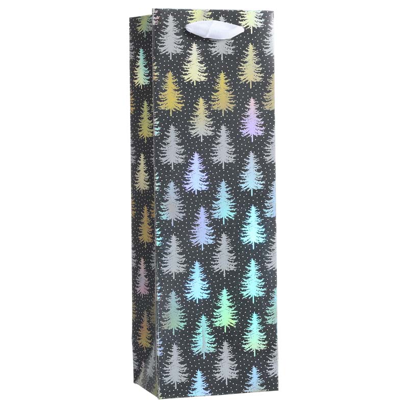 Holographic Christmas Pines Paper Wine Bag