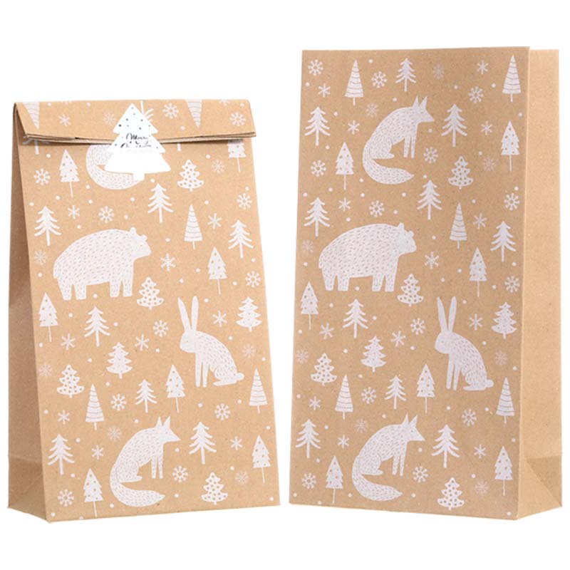2pcs Kraft Goodie Bags with White Bear Pattern & Sticker
