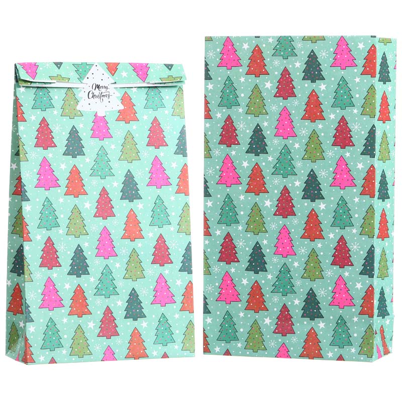 2pcs Paper Gift Bag Set with Colorful Christmas Tree Pattern & Sticker