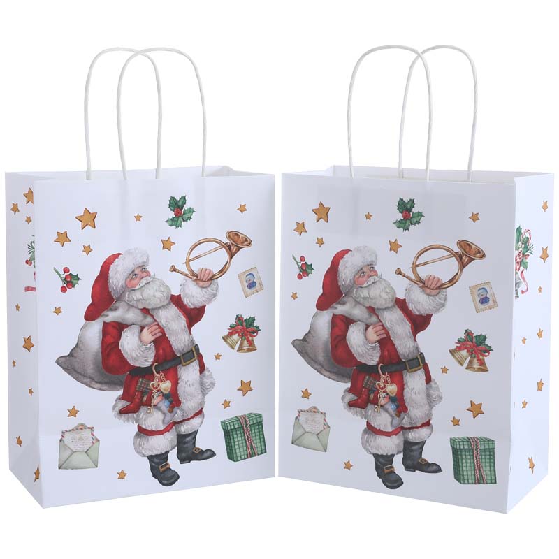 White Kraft Christmas Santa Paper Handle Gift Bag